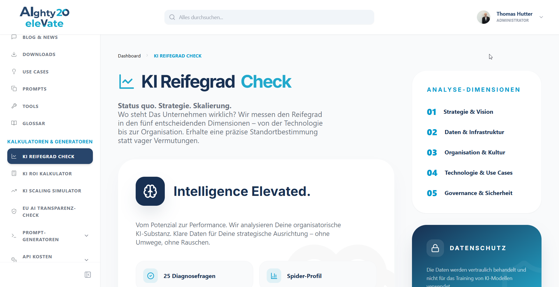 Screenshot des KI-Reifegrad-Checks im AIghty20 Member Hub