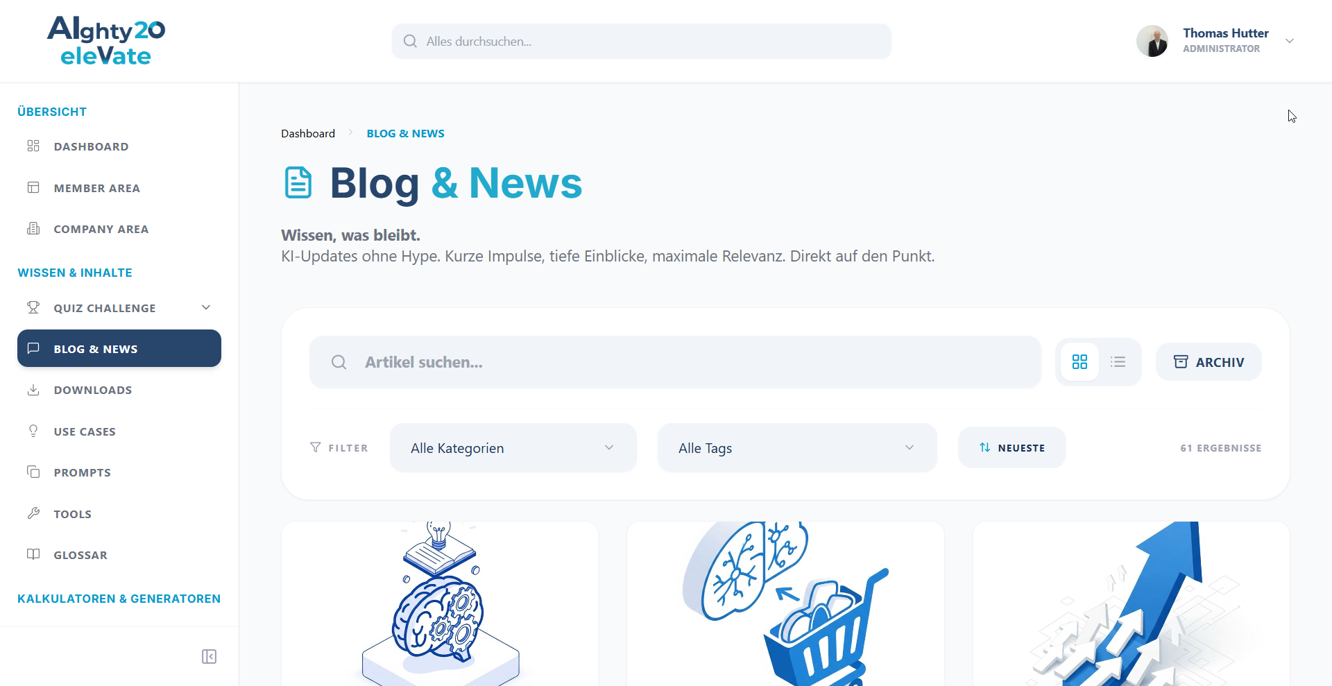 Screenshot des News-Bereichs im AIghty20 Member Hub
