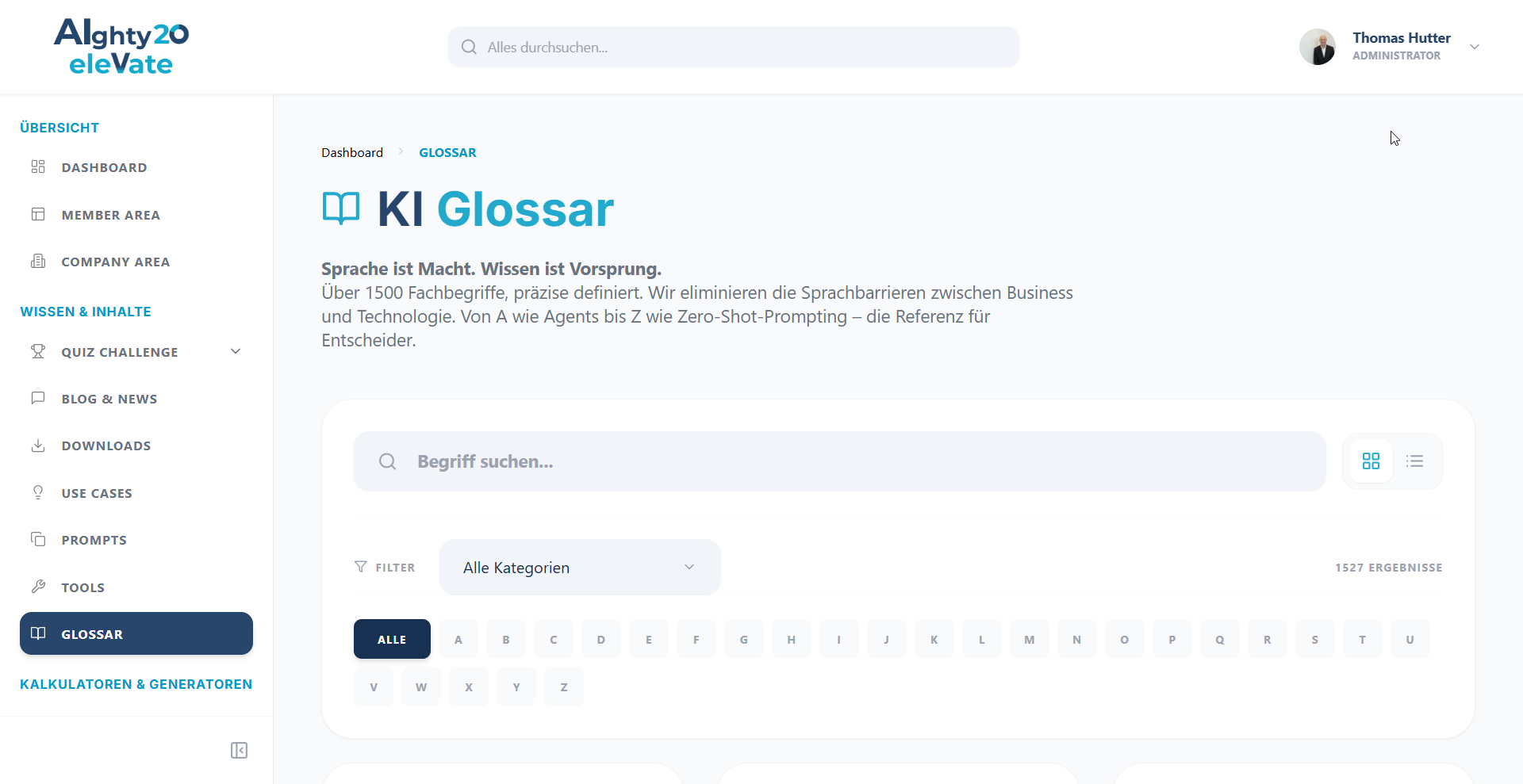 Screenshot des KI-Glossars im AIghty20 Member Hub