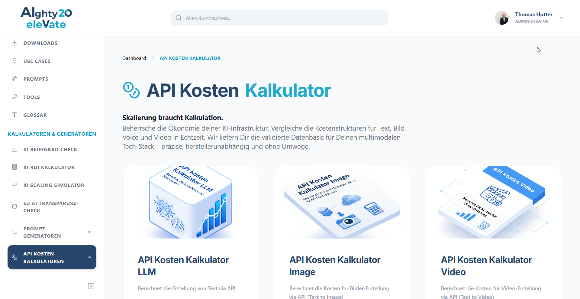 Screenshot des API-Kostenkalkulators im AIghty20 Member Hub