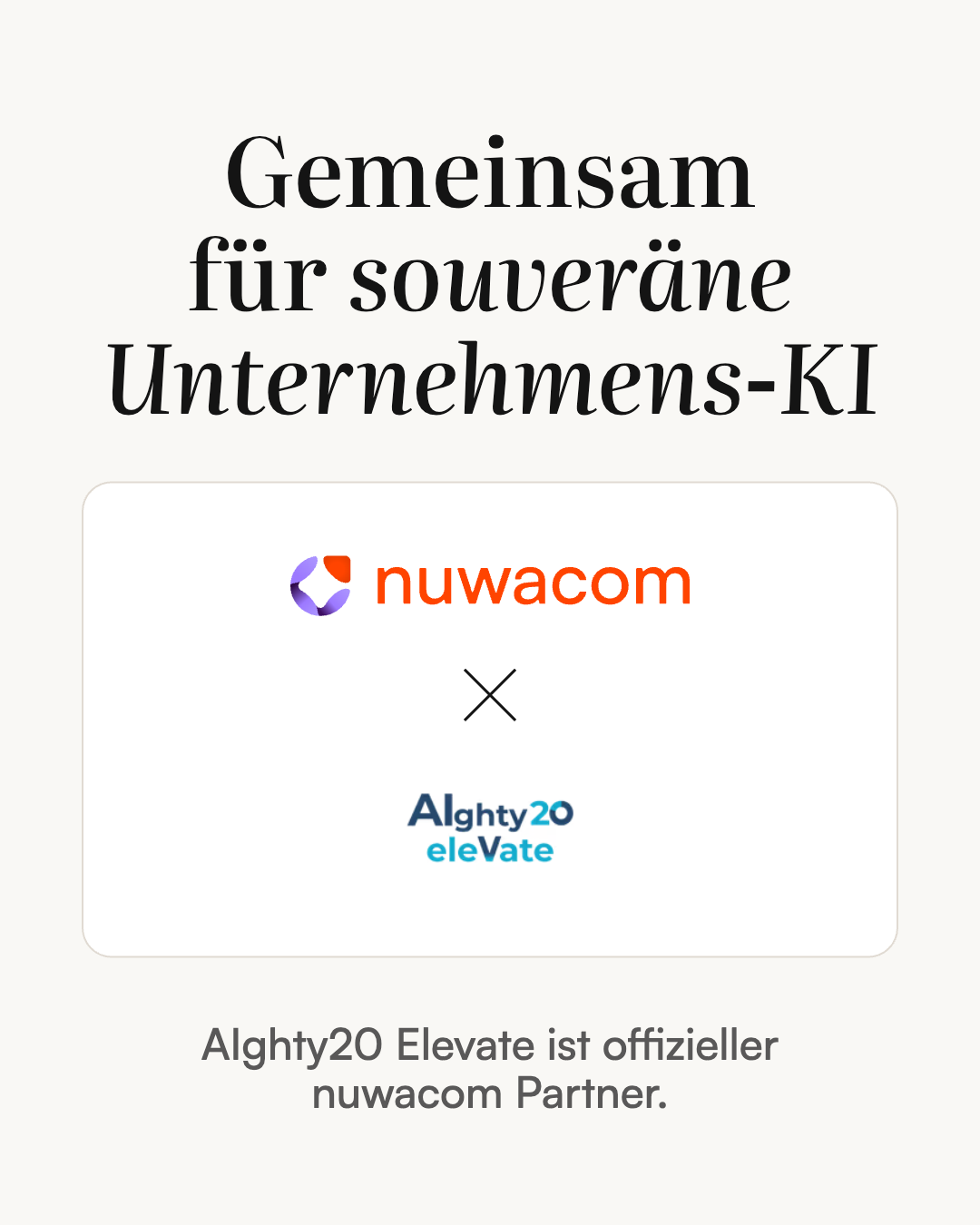 Key visual "Together for sovereign enterprise AI" with the nuwacom and AIghty20 Elevate logos