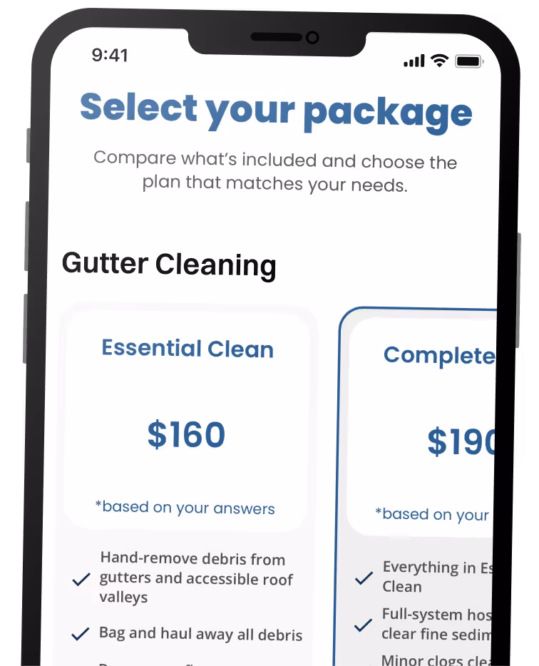 Mobile screen showing gutter cleaning package options with Essential Clean at $160 and Complete Clean at $190, listing included services.