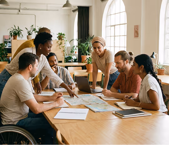 Diverse team of young leaders planning around a table with maps, driving global youth innovation
