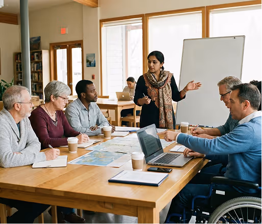 Woman presenting to a diverse group at a leadership workshop, supporting youth and community innovation