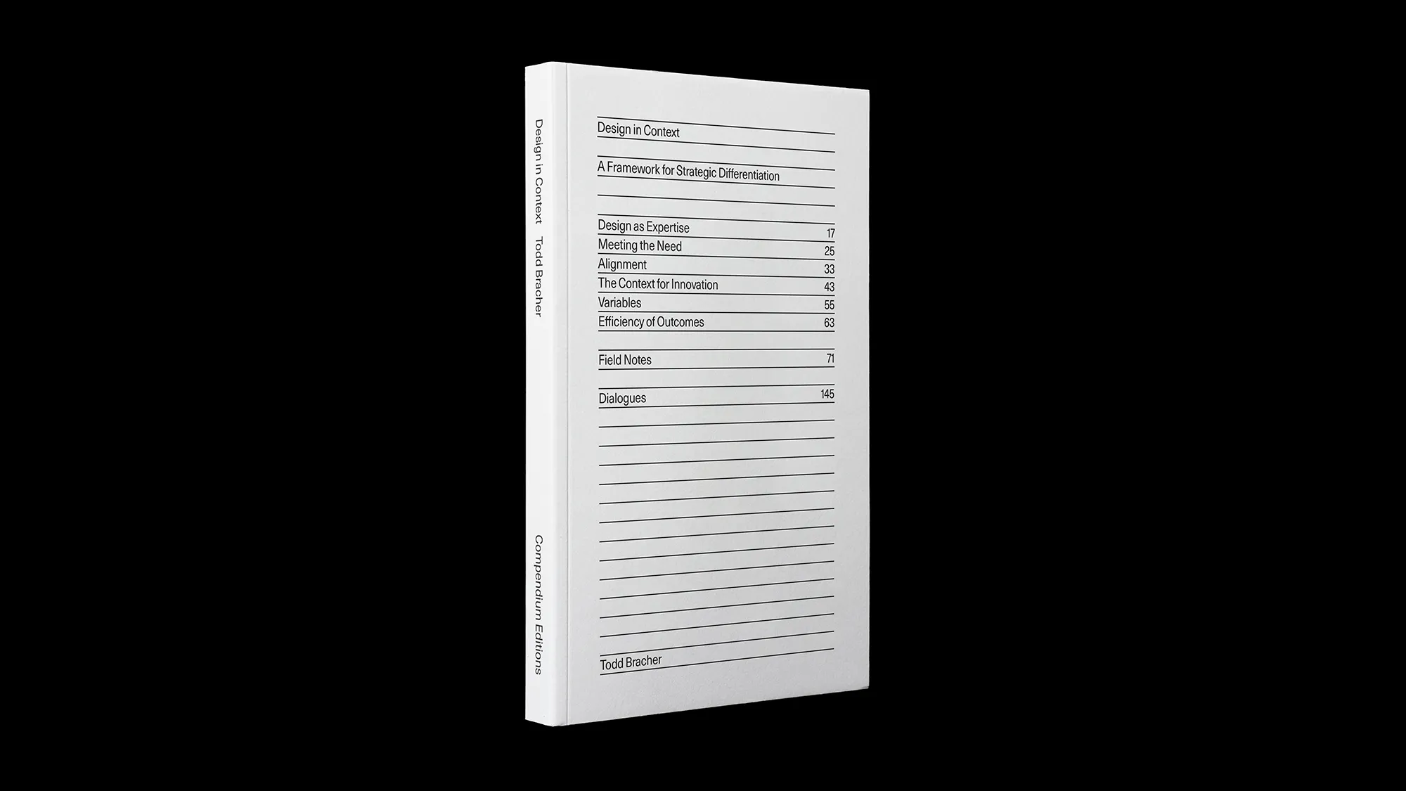 White book titled Design in Context by Todd Bracher with a minimalist table of contents on the cover listing chapters and page numbers.
