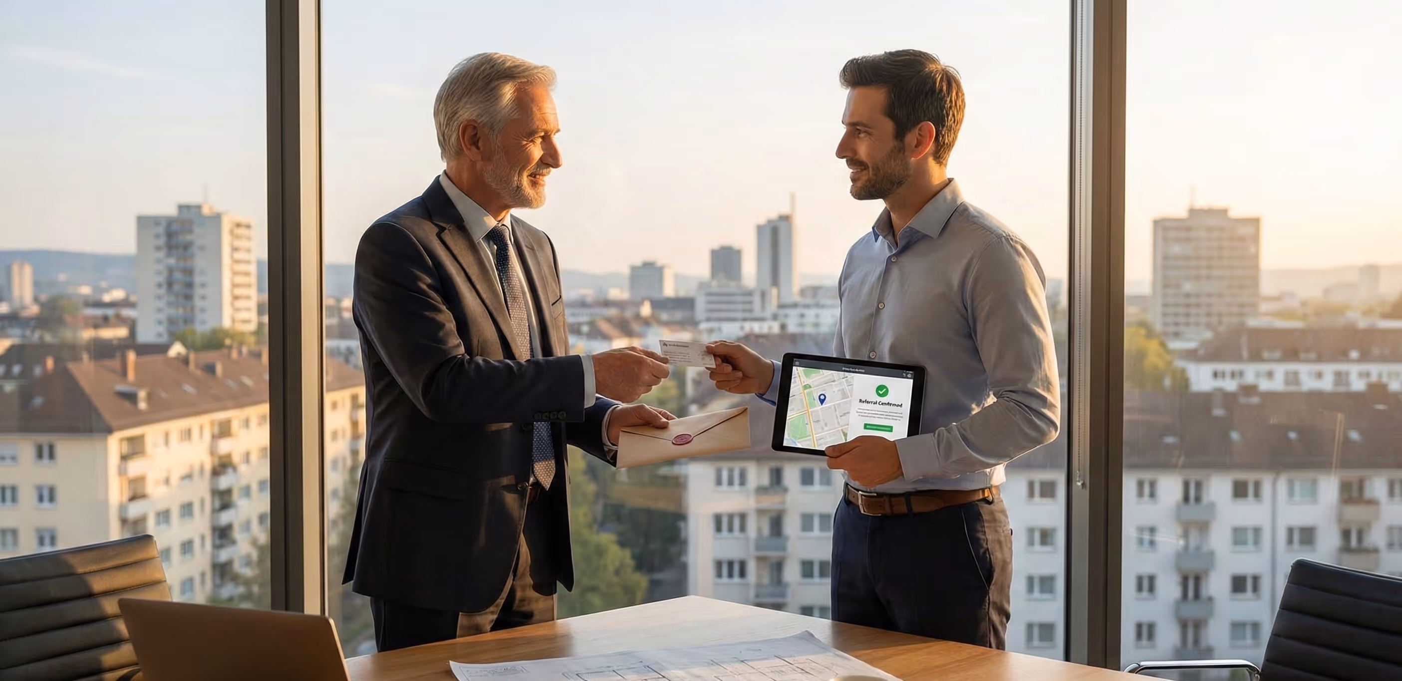 Zwei Geschäftsleute tauschen sich im Büro mit Stadtblick aus, einer hält ein Tablet mit einer Bestätigungsanzeige.