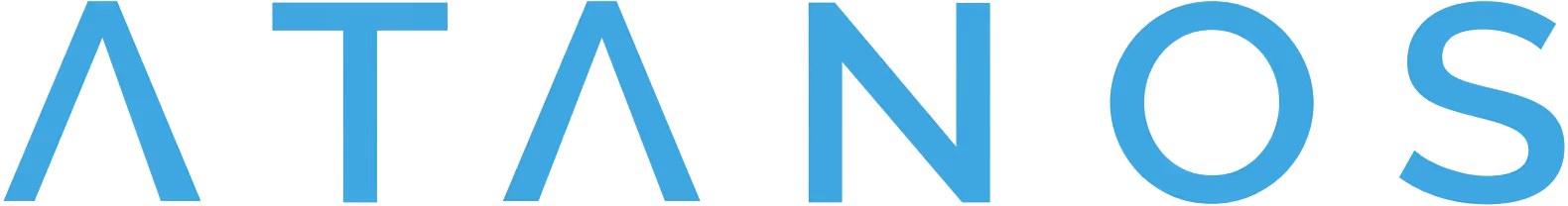 Blaues ATANOS-Logo auf transparentem Hintergrund.