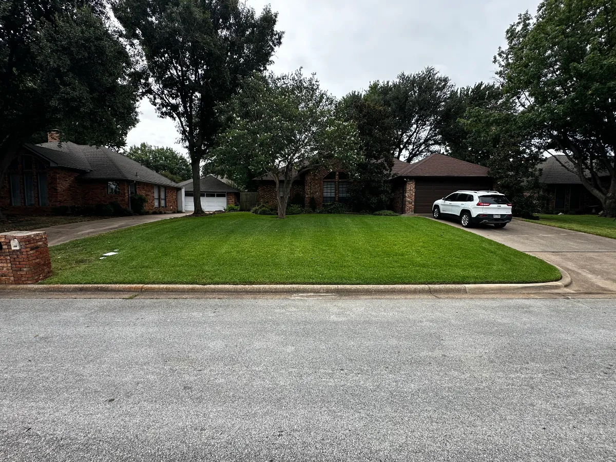 Large residential front lawn maintained with clean mowing and edging