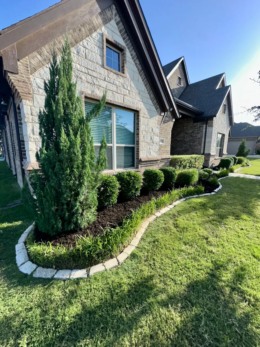 Neatly maintained foundation landscaping with shrubs and curved garden edging