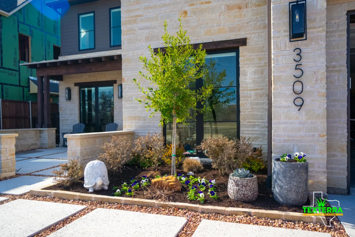 New home landscaping with young tree, shrubs, flowers, and stone edging