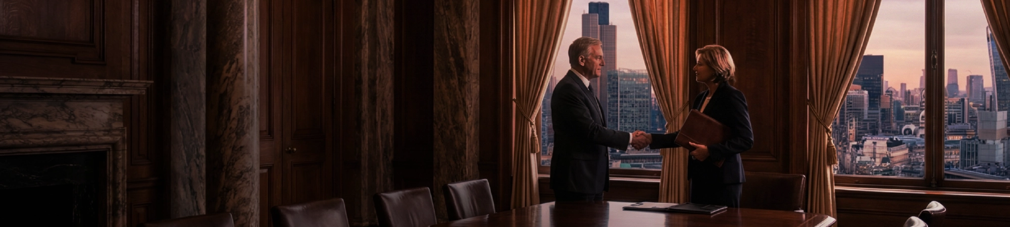 A businessman and businesswoman in suits shaking hands in a luxurious, wood-paneled conference room, standing near large arched windows overlooking a city skyline.