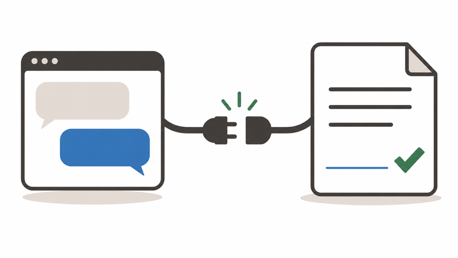 A chat window beside a contract with a signature field, joined by a plug connector