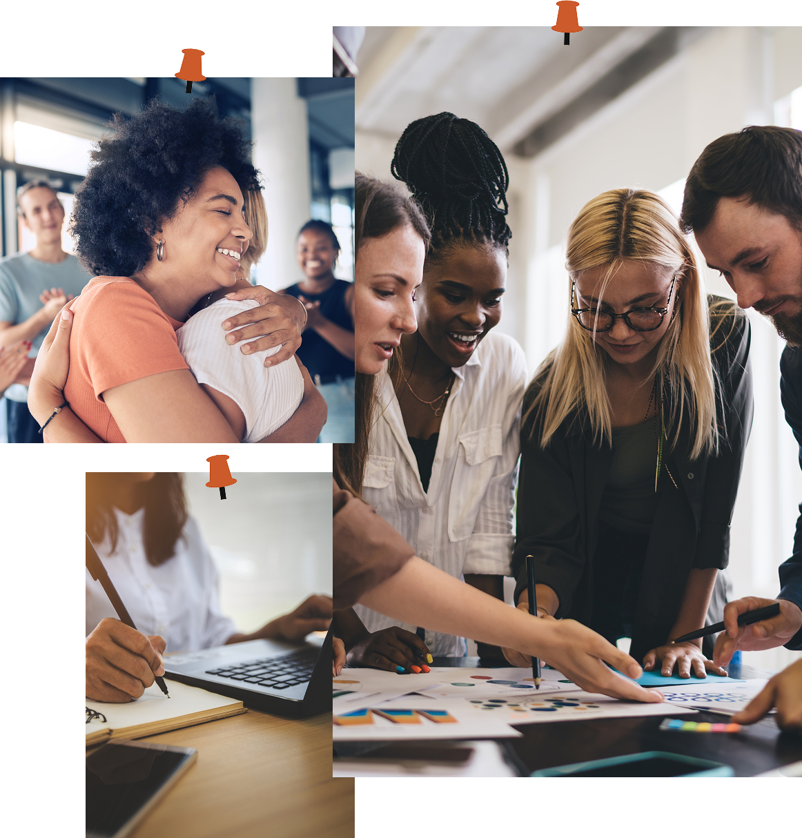 This is a picture collage of 3 photos showcasing the collaboration that Eliza brings to each client. The top left photo is of a woman hugging another woman, surrounded by her team. The bottom left photo features a woman sitting at a desk, typing on her laptop, and writing down ideas on a piece of notebook paper. The image on the right features a group of diverse people reviewing documents and collaborating together.