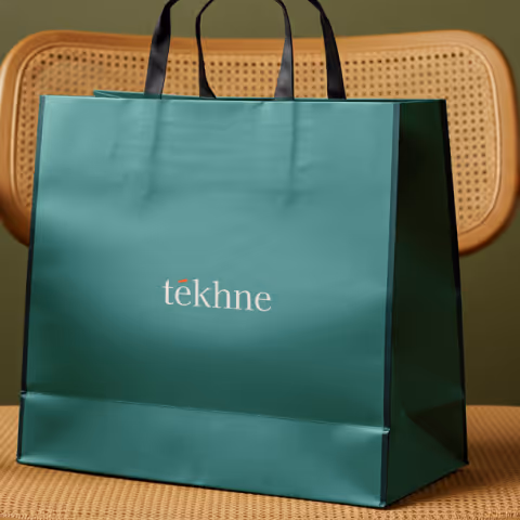 Green shopping bag with black handles and the word 'tekhne' printed in white, placed on a woven chair.