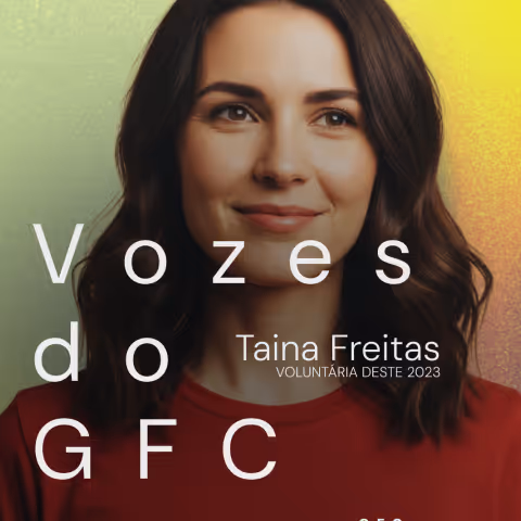Portrait of a woman with shoulder-length dark hair wearing a red shirt, smiling slightly with text reading 'Vozes do GFC' and 'Taina Freitas Voluntária Deste 2023'.