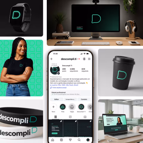 Collage of branded items including a smartwatch, desktop setup, coffee cup, wristbands, laptop, and a woman wearing a black t-shirt with a green 'D' logo.
