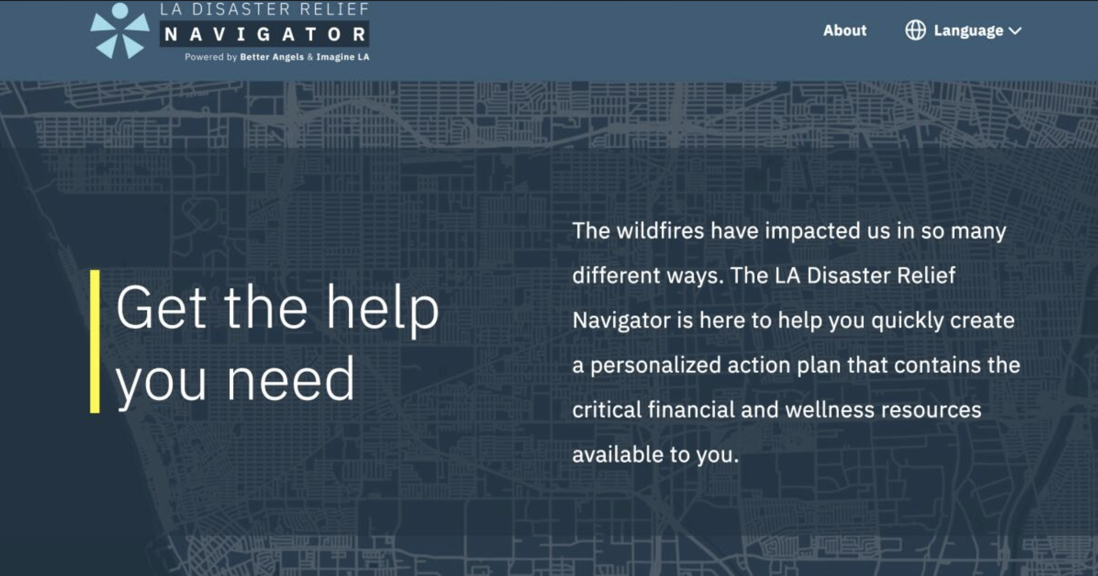 The city of Los Angeles launched an online tool to help people affected by the wildfires by simplifying the task of applying for assistance. The LA Disaster Relief Navigator is meant to narrow in on the resources available to those impacted by this year's wildfires with a questionnaire. (City of Los Angeles)