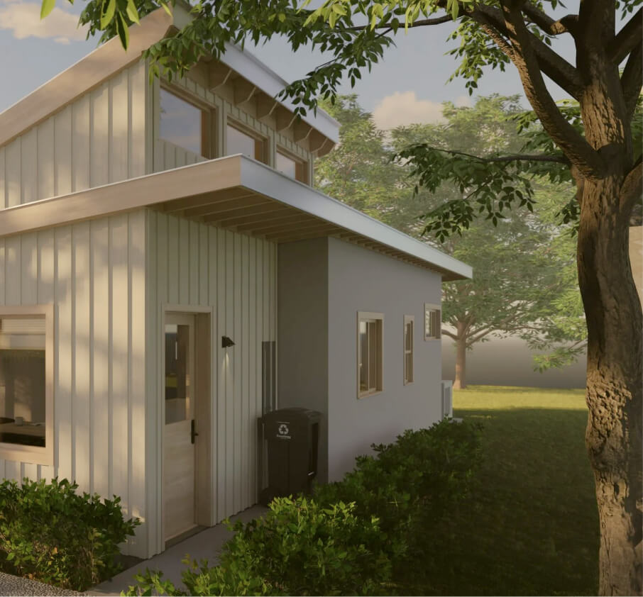 Accessory dwelling unit (ADU) with a pop-up, shed roof with clerestory windows.