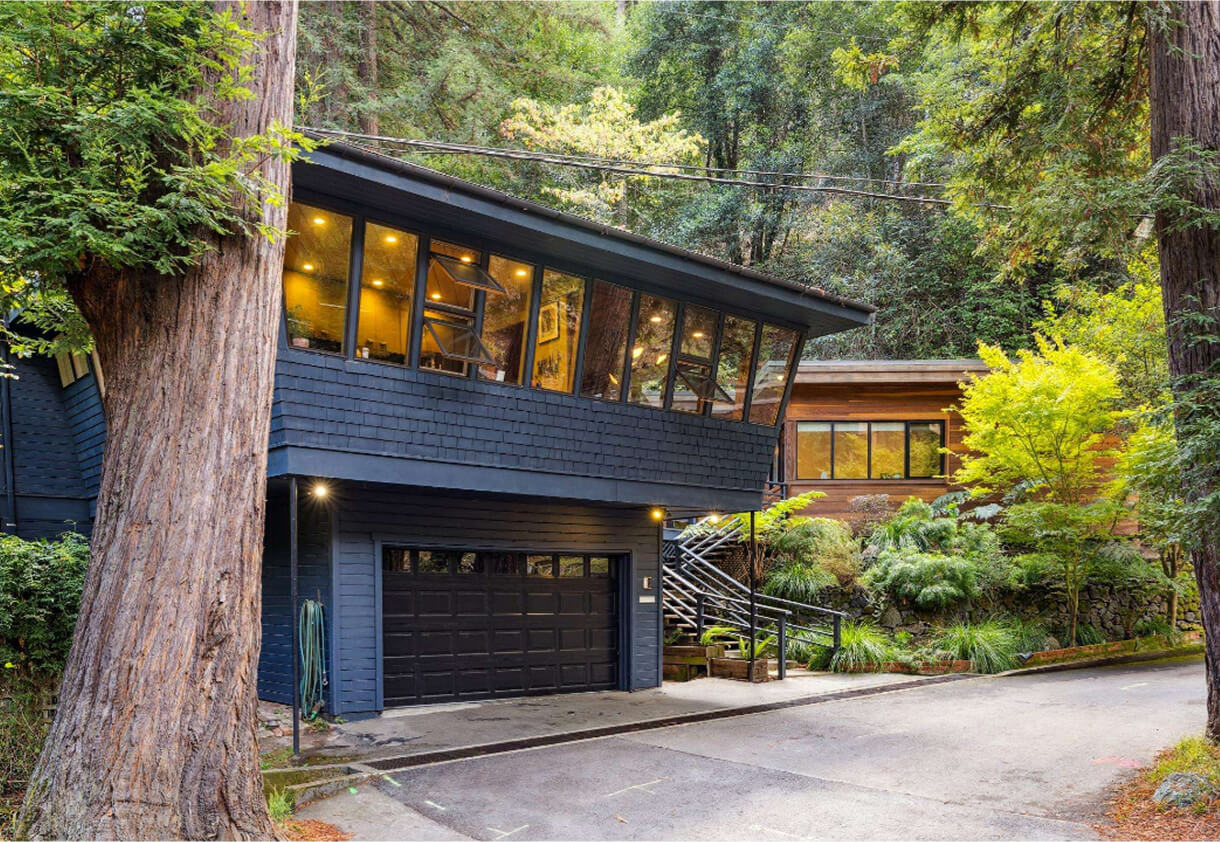 Street view of a contemporary, mid-century style house on a hillside in Mill Valley, California.