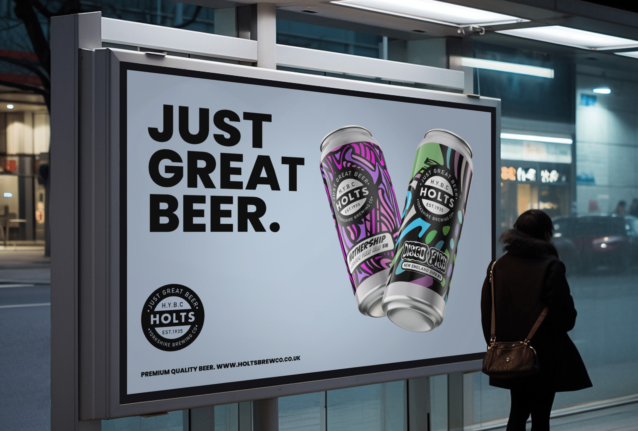 Holts beer billboard design at a bus stop at night