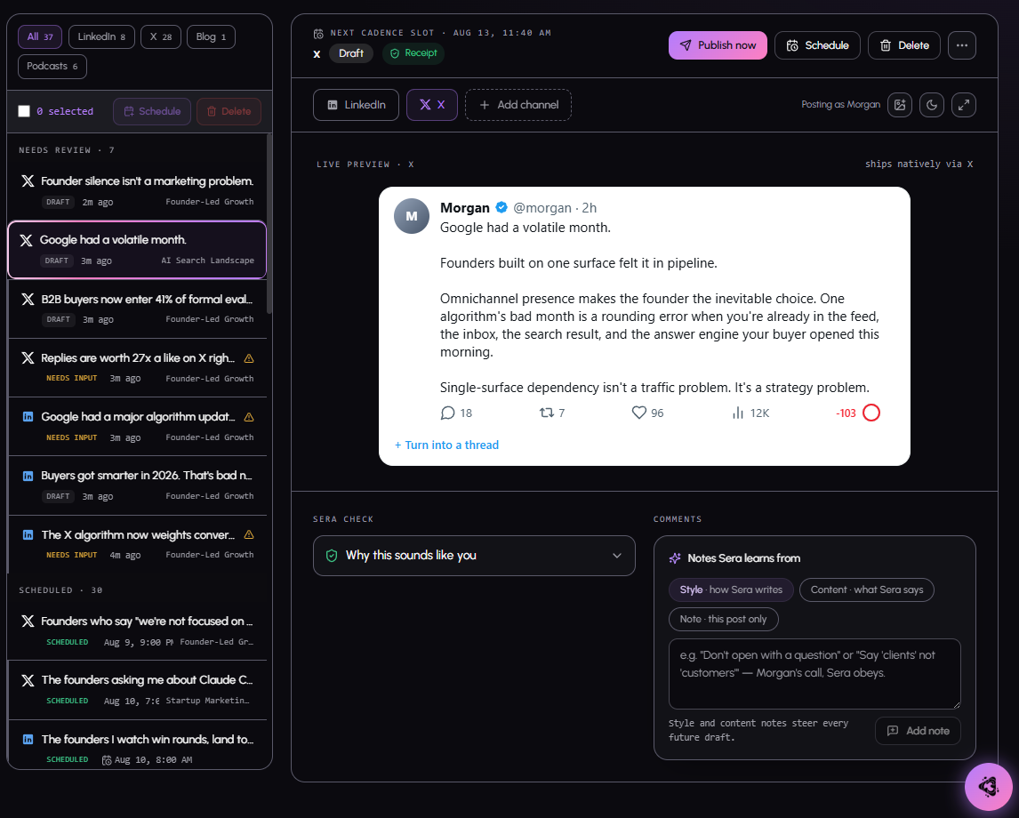 Sera dashboard: content queue, live X post preview, SERA CHECK receipt, and notes Sera learns from