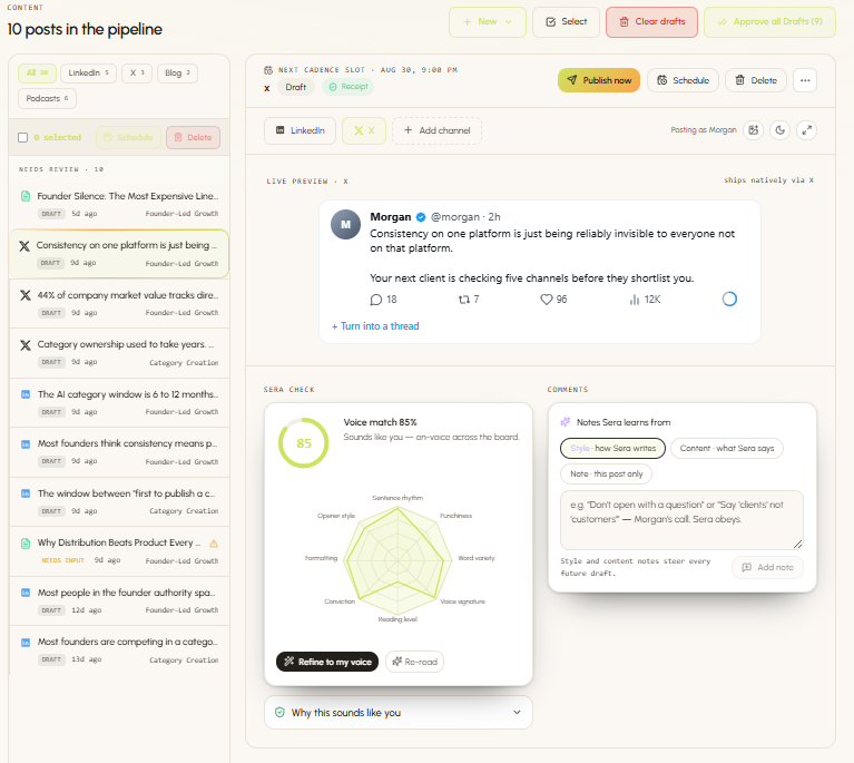 Sera dashboard: content queue, live X post preview, SERA CHECK receipt, and notes Sera learns from