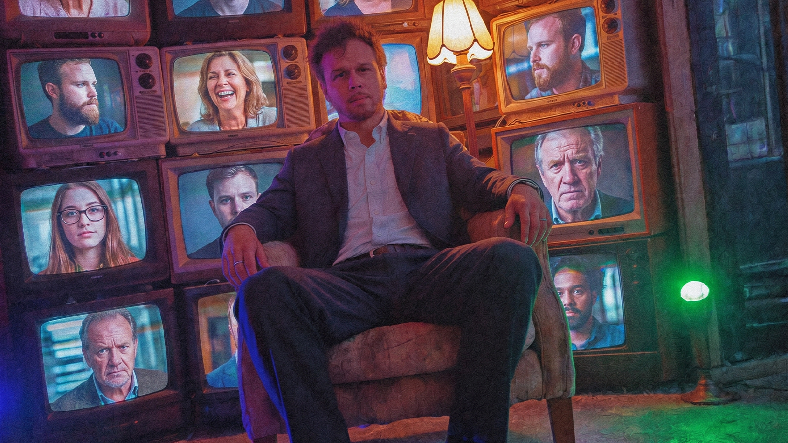 A founder seated calmly in a chair inside a curved wall of vintage CRT televisions, every screen broadcasting a different face — a visual of being known across every channel.