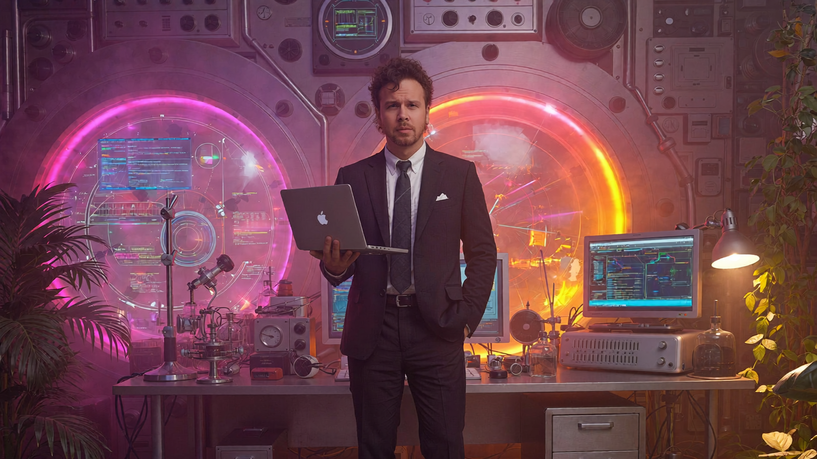 A man in a dark suit holds a laptop in a retro-futuristic lab, surrounded by vintage scientific instruments, glowing circular portals, and old computer monitors running code.