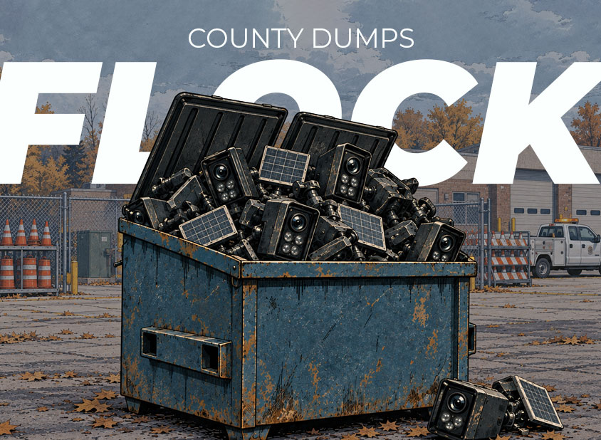 Dumpster full of discarded Flock cameras under the headline County Dumps Flock
