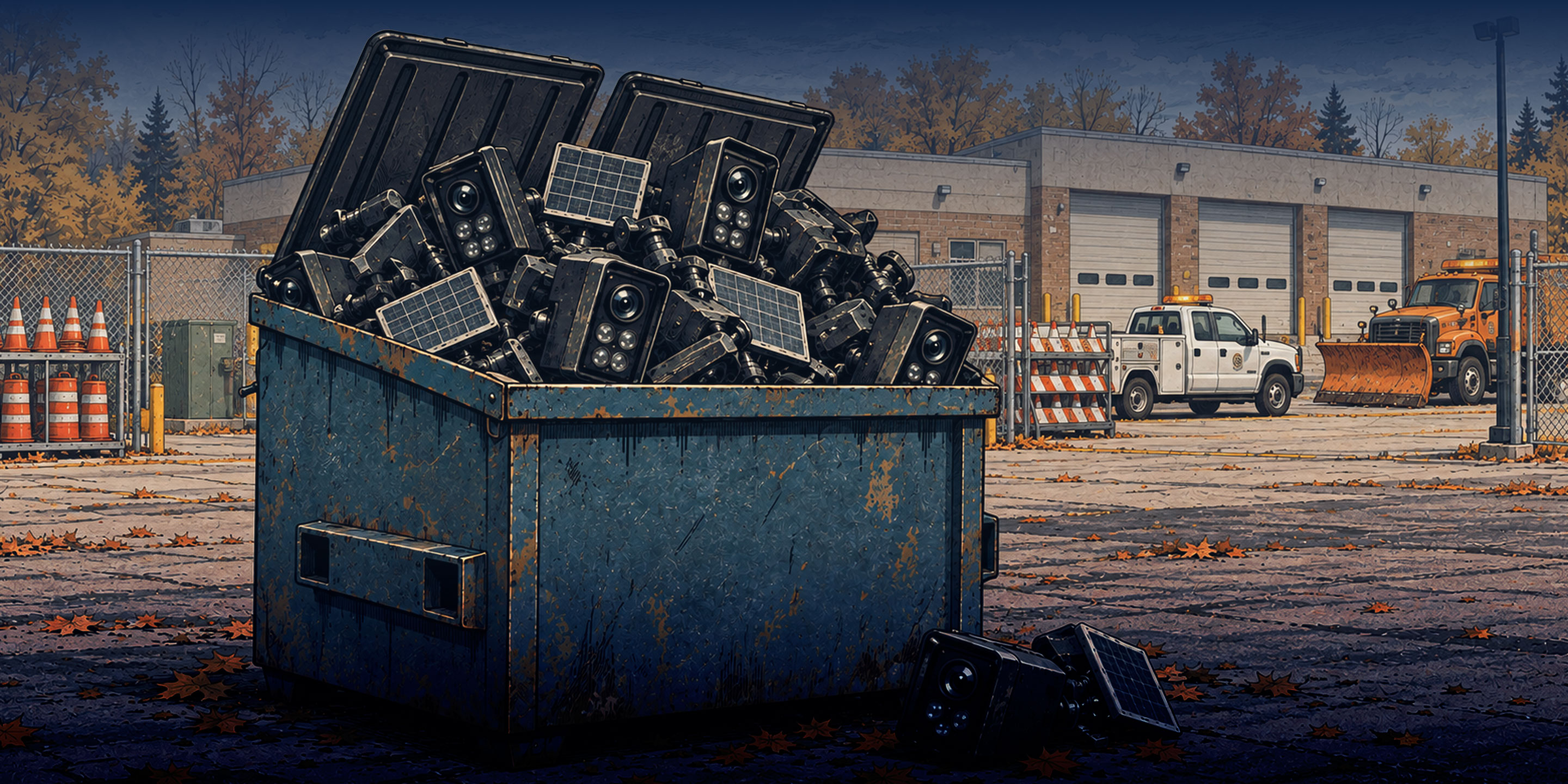 Illustration of a dumpster overflowing with discarded Flock license plate cameras outside a county maintenance yard