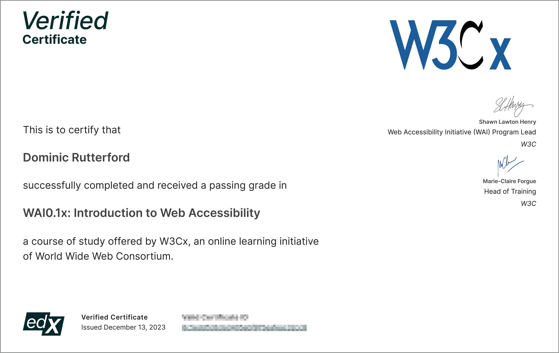 W3Cx ceritification for the completion of Introduction to Web Accessibility Course