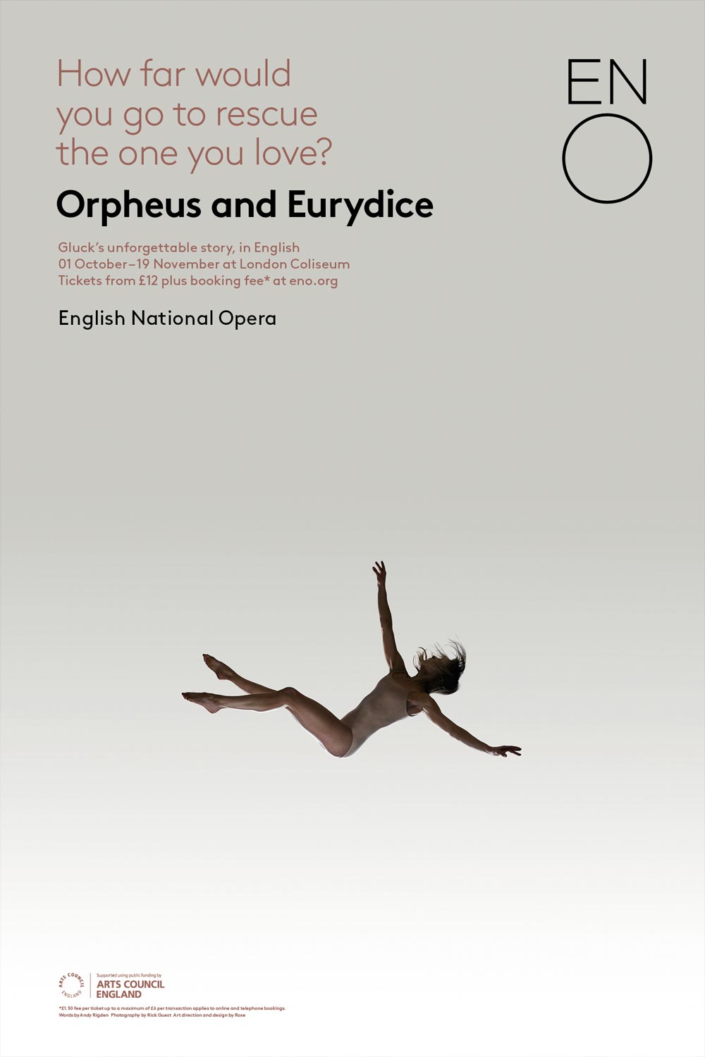 Poster for Gluck’s Orpheus and Eurydice by ENO. A woman in a leotard is in free fall against a plain, monochrome background.