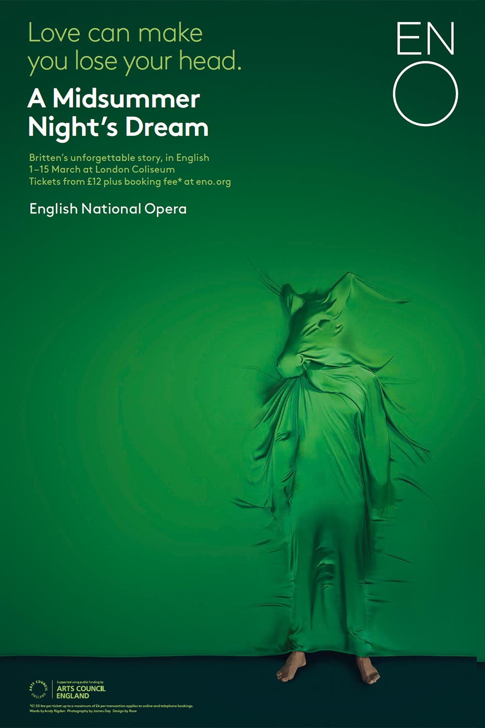 Poster for Britten’s A man with a donkey’s head stands encased in green fabric.