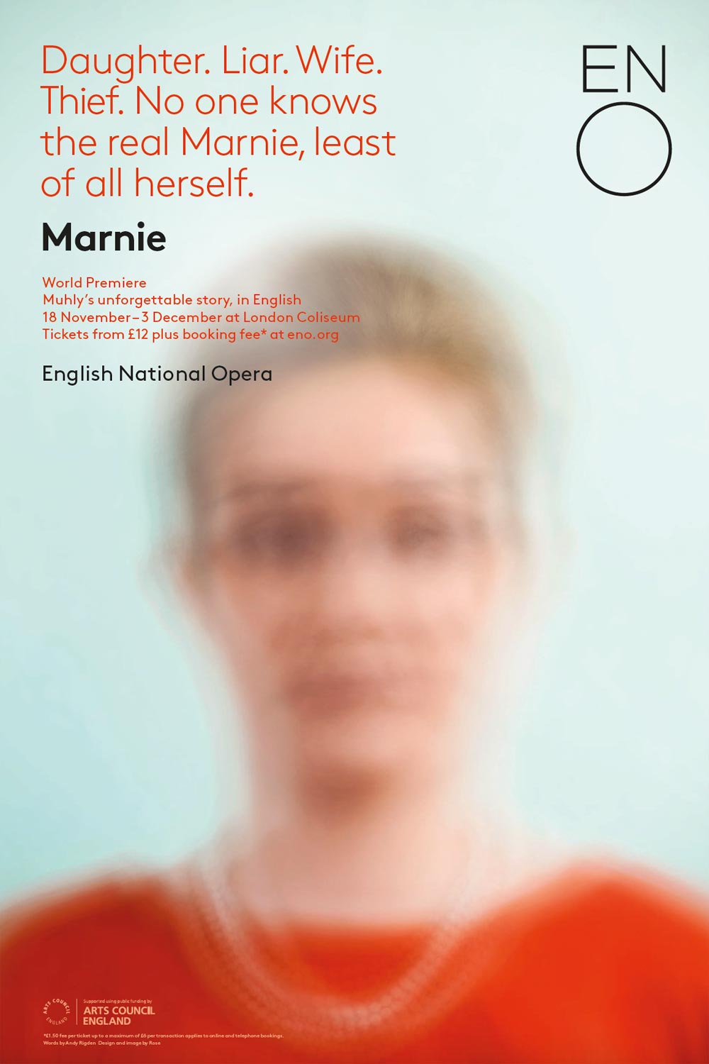 Poster for Muhly’s Marnie by ENO. A blurred colour portrait of a woman, presumably Marnie.