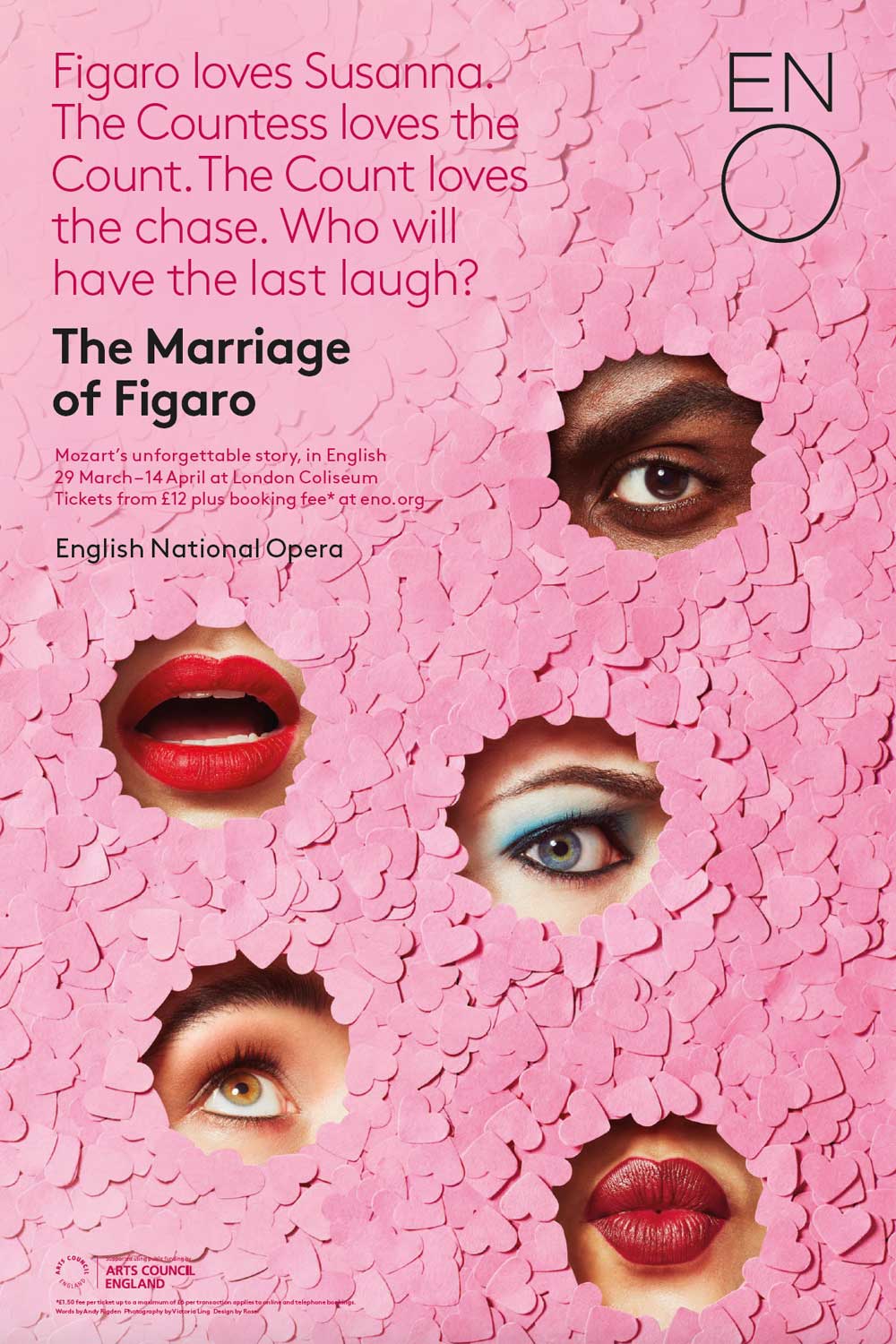 Poster for Mozart’s The Marriage of Figaro by ENO. Five holes in a wall made of pink-confetti love hearts; one man and two women peer through three, while a kissing woman’s lips and an open mouth occupy the other two.