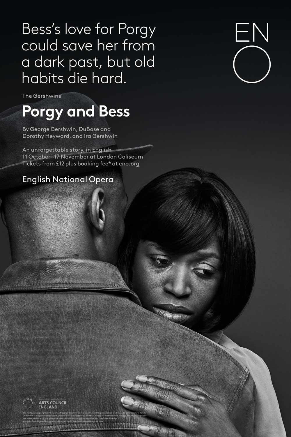 Poster for Gershwin’s Porgy and Bess by ENO. A sad-looking woman embraces a man in a trilby with his back to the camera.