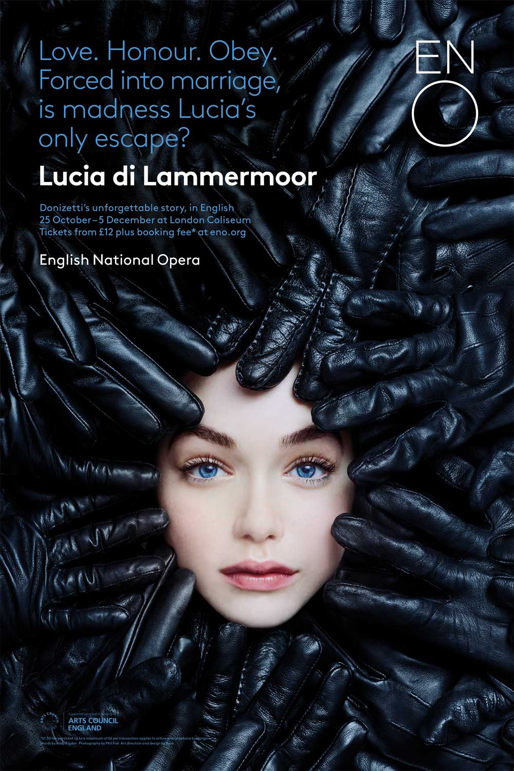Poster for Donizetti’s Lucia di Lammermoor by ENO. A young woman’s face is the only thing visible in a sea of black leather-gloved hands.