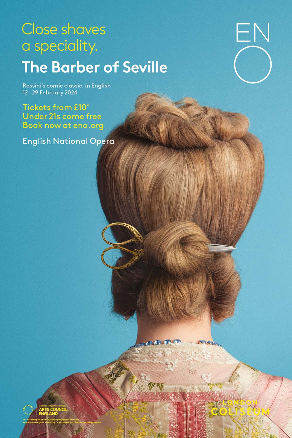 Poster for Rossini’s The Barber of Seville by ENO. A woman in a Georgian-style dress with her back to the camera, her hair coiffured, tied up in a low bun, holding scissors within.