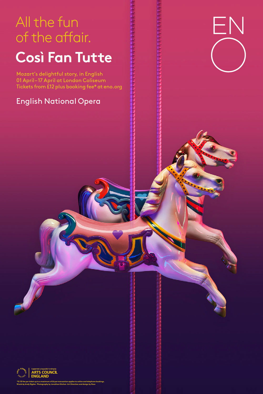 Poster for Mozart’s Così Fan Tutte by ENO. Two stationary fairground horses.