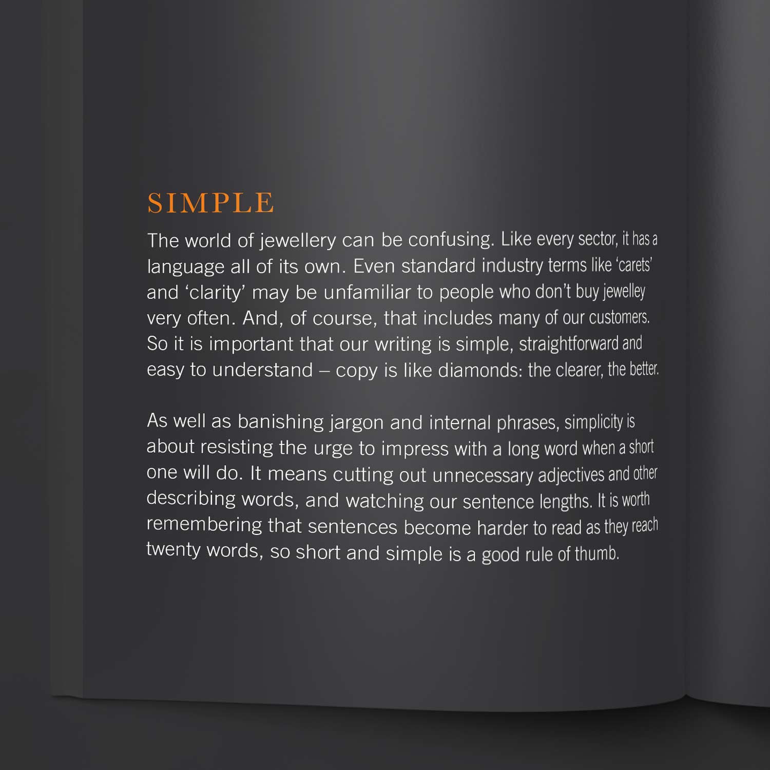 Text explaining the importance of simple, clear, and jargon-free writing in the jewellery industry to improve understanding and readability.