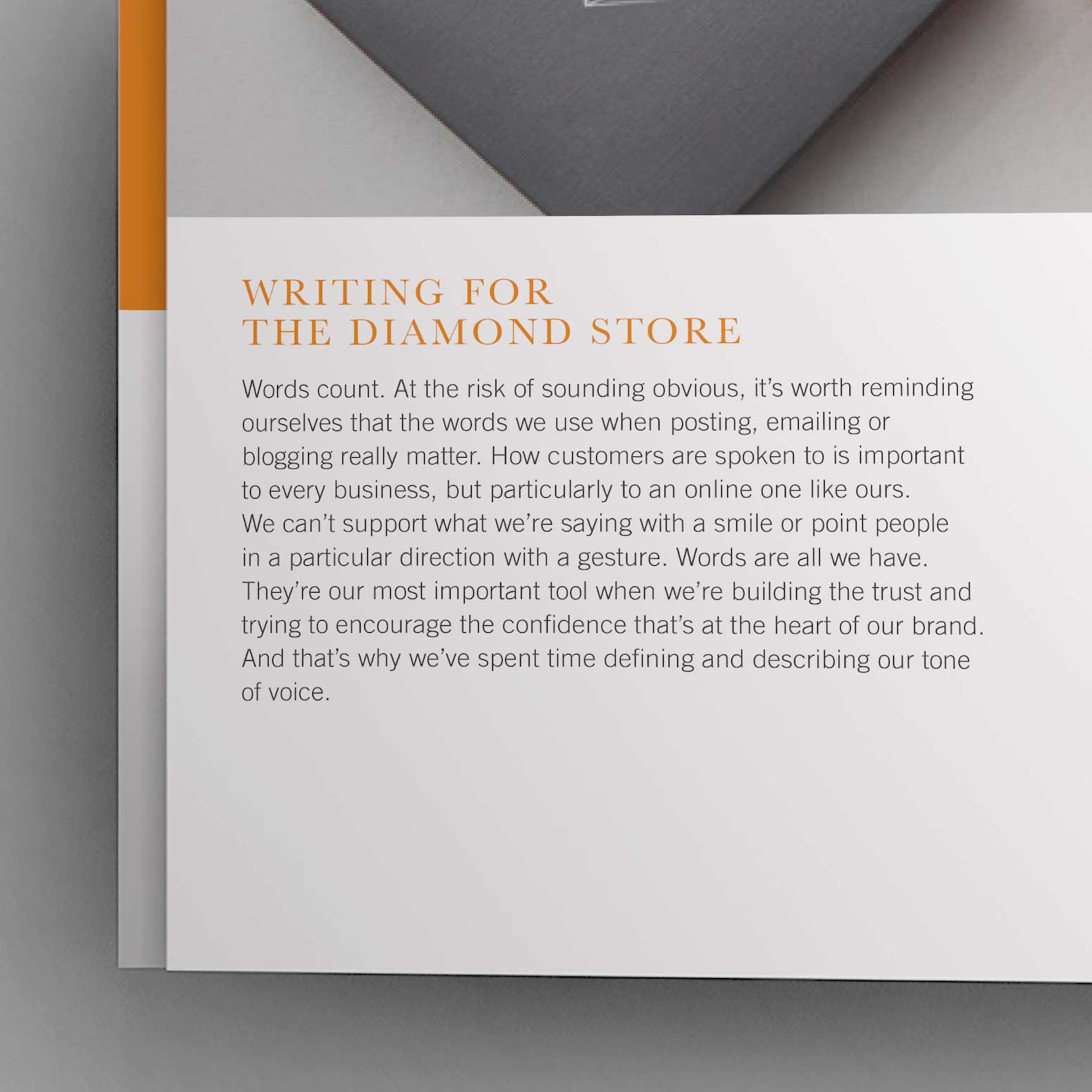 Page titled 'Writing for the Diamond Store' discussing the importance of word choice in business communication and defining tone of voice.