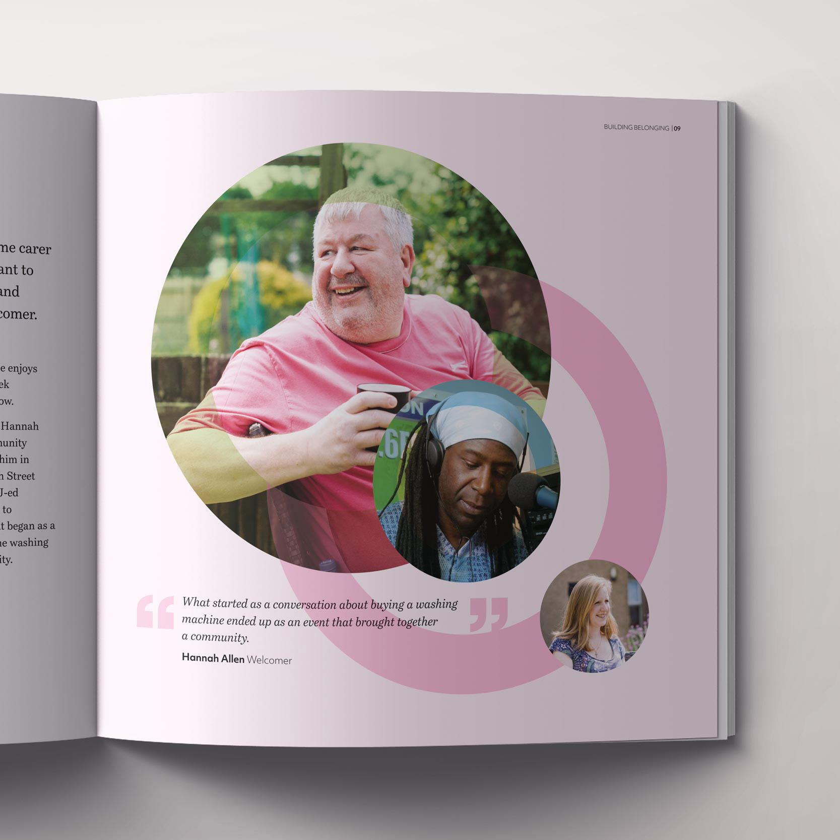 Annual review spread with overlapping circular photos of a smiling man in a pink shirt holding a cup, a man speaking into a microphone wearing headphones and a headscarf, and a woman smiling outdoors, accompanied by a quote about building community.