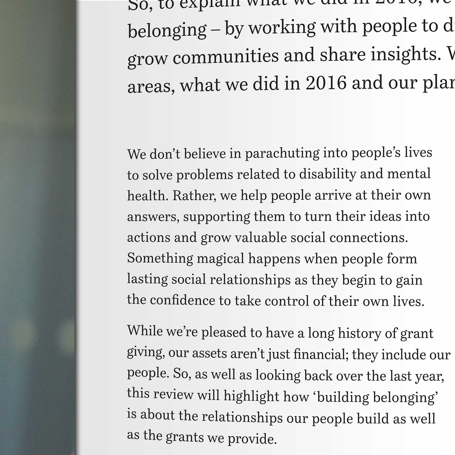 Text excerpt discussing support for people with disability and mental health by helping them build social connections and confidence, emphasizing the value of relationships and grant giving.