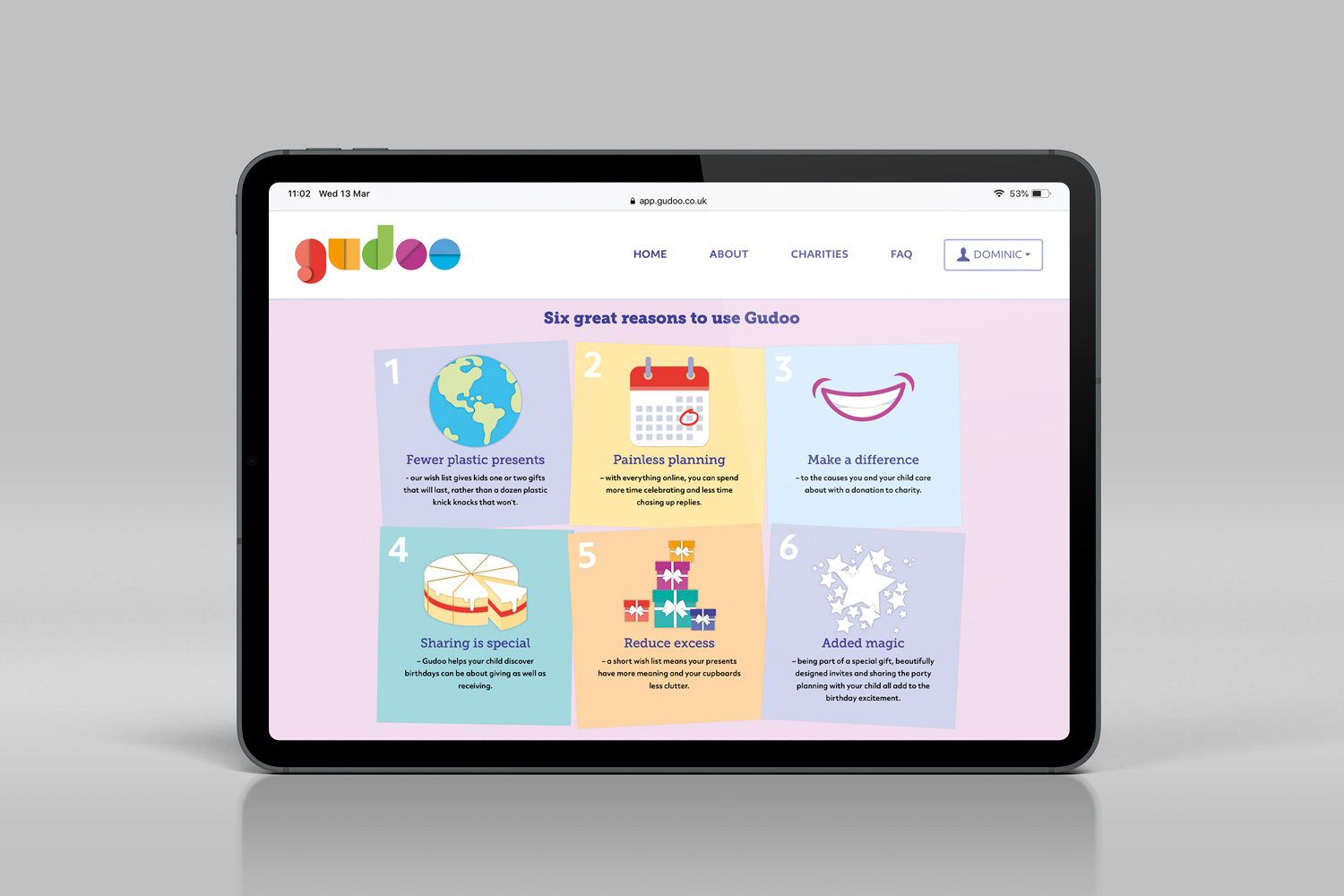 Tablet screen showing six reasons to use Gudoo including fewer plastic presents, painless planning, making a difference, sharing is special, reducing excess, and added magic, each with icons and descriptions.
