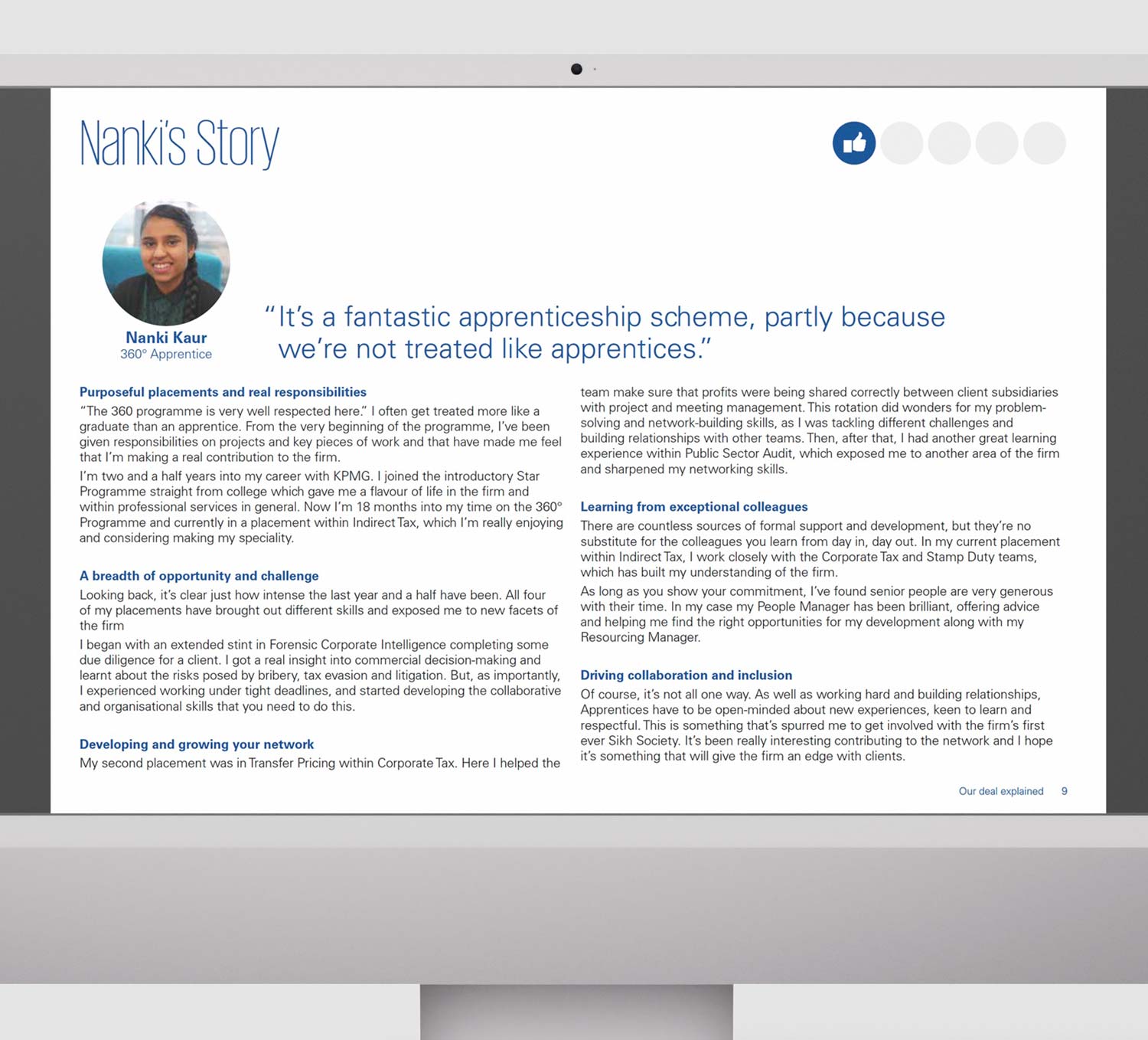 Screen showing 'Nanki's Story' about her apprenticeship experience at KPMG, including a portrait photo and quotes about purposeful placements, growing networks, learning from colleagues, and driving inclusion.