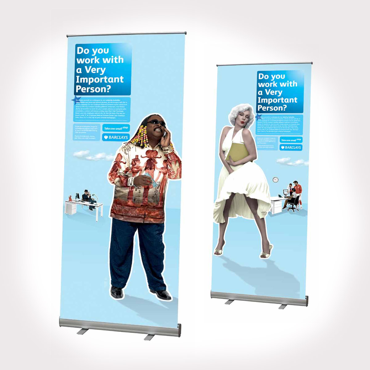 Two Barclays banners each reading 'Do you work with a Very Important Person?' featuring a Stevie Wonder lookalike and a Marilyn Monroe lookalike in a white dress holding a folder, with office scenes in the background.