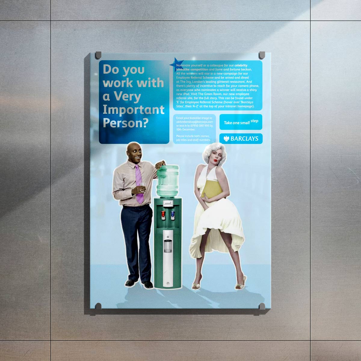 Promotional poster featuring a man standing by a water cooler and a  Marilyn Monroe lookalike with her white dress blown up, the poster reads Do you work with a Very Important Person.