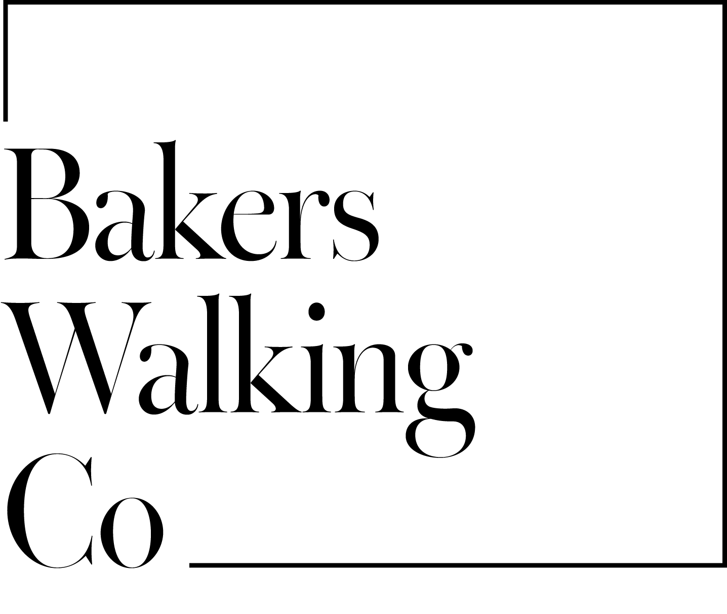 Text reading 'Bakers Walking Co' with an enclosing thin rectangular border on top-left and bottom-right corners.