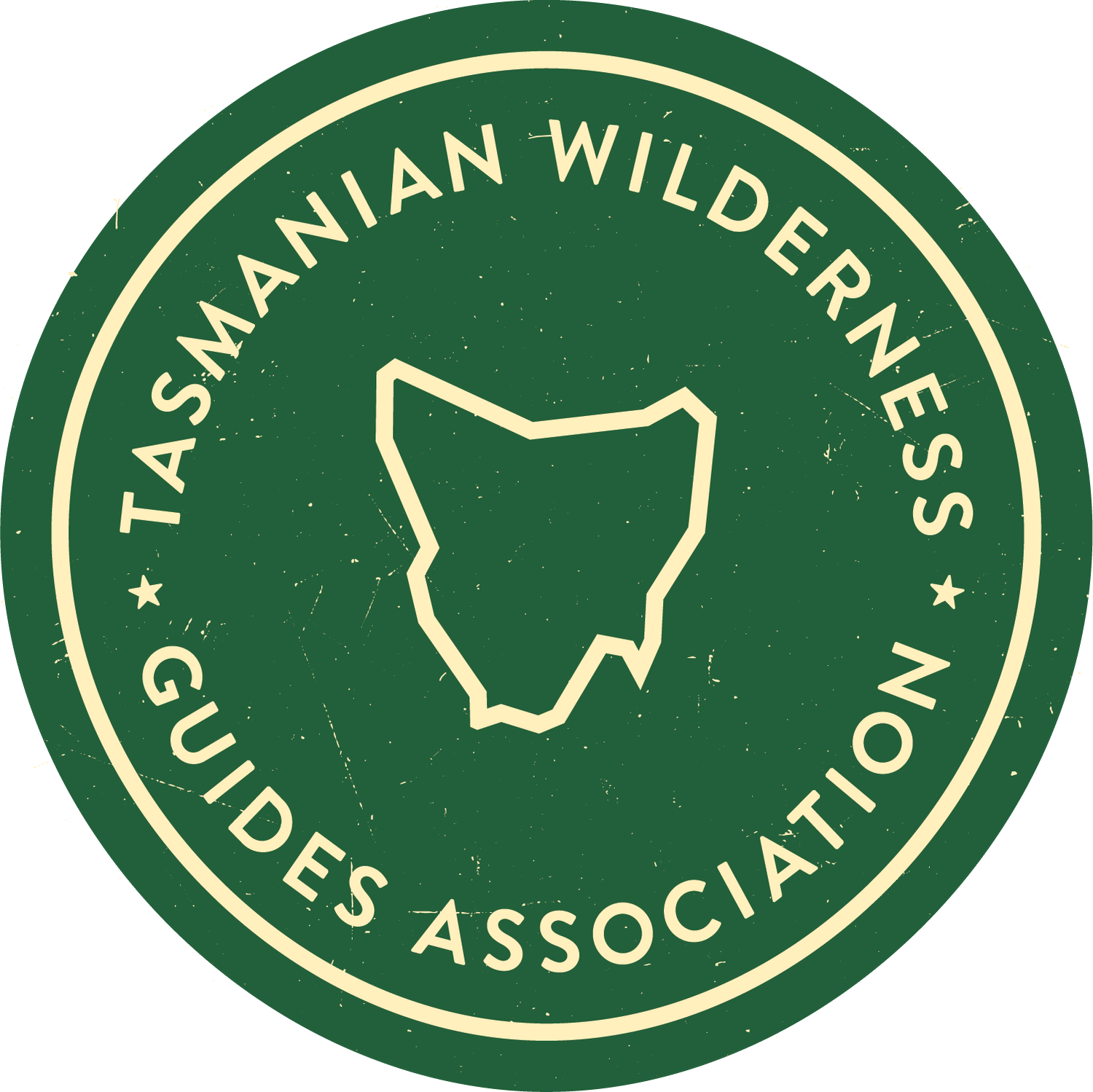 Green circular logo of Tasmanian Wilderness Guides Association with outline of Tasmania in the center.