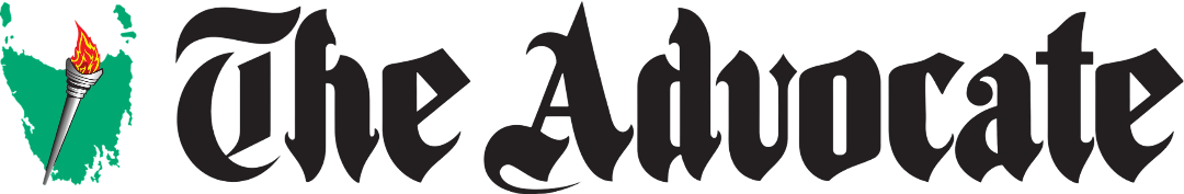 Green map outline with a flaming torch and the text 'The Advocate' in black gothic font.